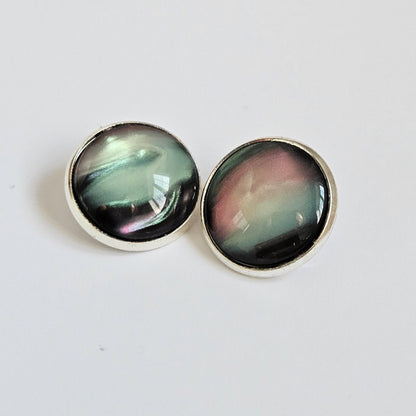 Black Aurora Clip-On Earrings | Handmade 16mm Cabochon | Non-Pierced Statement Earrings | Silver Tone
