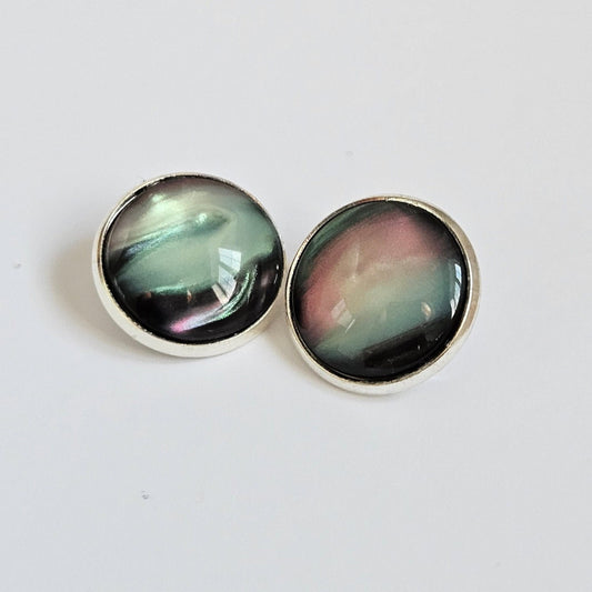 Black Aurora Clip-On Earrings | Handmade 16mm Cabochon | Non-Pierced Statement Earrings | Silver Tone