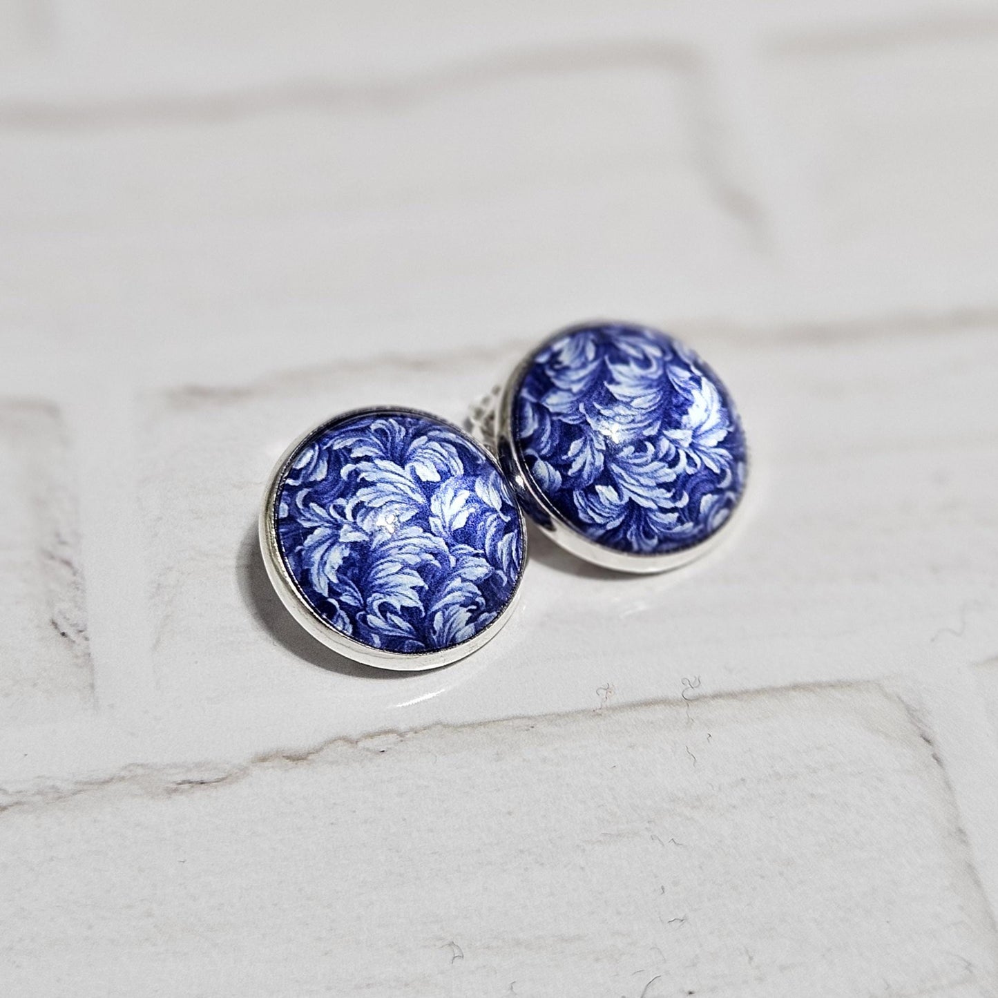 Blue Floral Clip On Earrings, Silver Tone Cabochon, Non Pierced