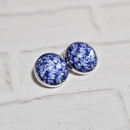 Blue Floral Clip On Earrings, Silver Tone Cabochon, Non Pierced