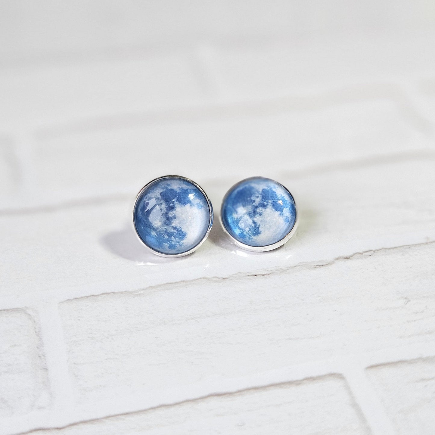Realistic Full Moon Clip On Earrings, Silver Hinged Back Studs, Comfortable Firm Fit No Pierce Jewelry, Celestial Lunar Gift for Space Lover