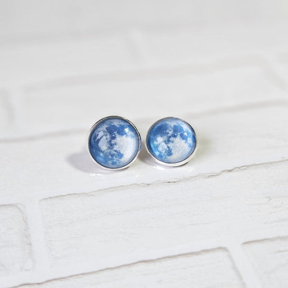 Realistic Full Moon Clip On Earrings, Silver Hinged Back Studs, Comfortable Firm Fit No Pierce Jewelry, Celestial Lunar Gift for Space Lover
