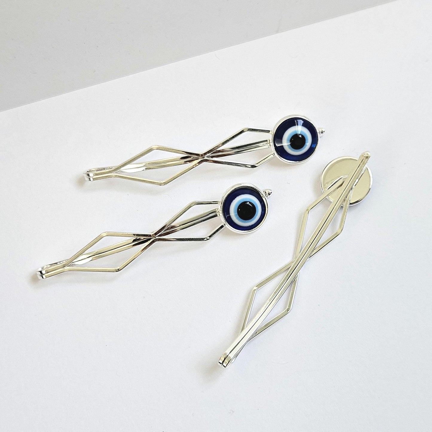 Evil eye decorative Bobby Pins: Silver Hair Slide Clips, Set of 3 for women.