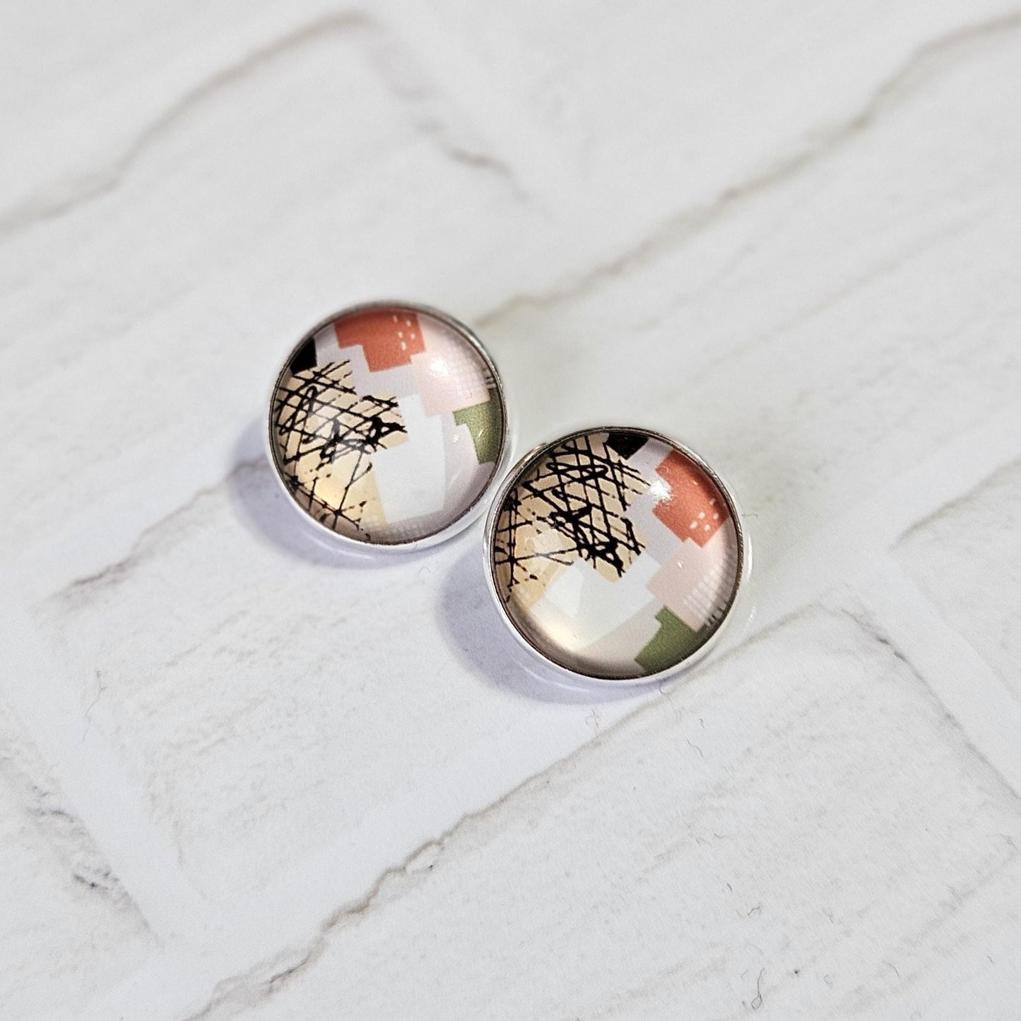 Neutral Abstract Clip-On Earrings – Green, Beige & Terracotta | Non-Pierced