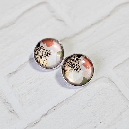 Neutral Abstract Clip-On Earrings – Green, Beige & Terracotta | Non-Pierced
