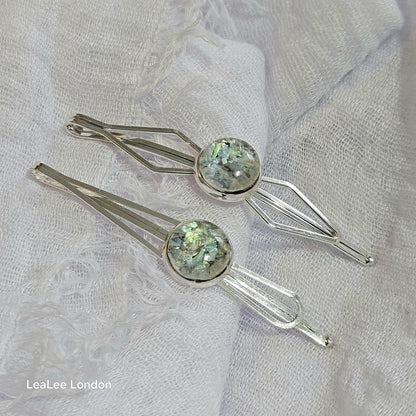 Iridescent Cabochon Hair Slides: Silver Hair Pins (Set of 2)