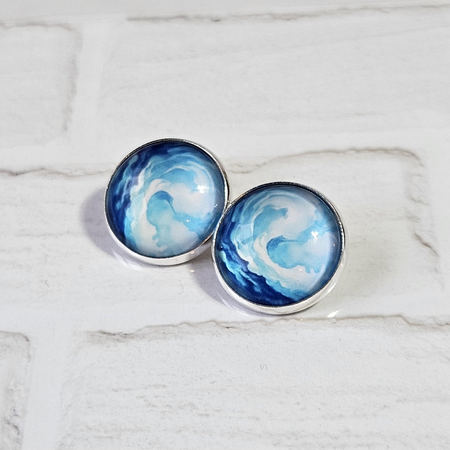 Blue Watercolour Clip On Earrings, Non Piercing Hinged Back Earrings, Handmade Cabochon Stud Earring, Lightweight Statement  Jewellery