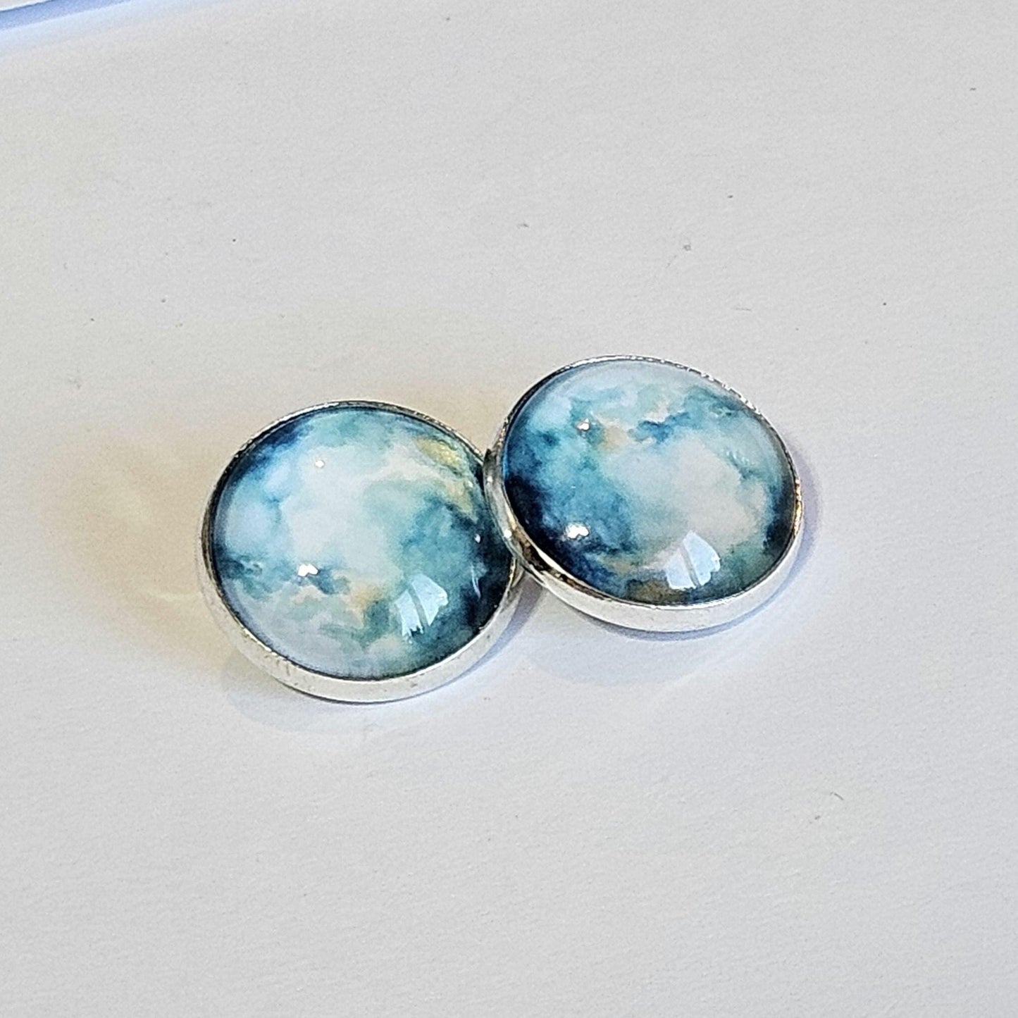 Blue Watercolor Clip On Earrings: Silver Tone, Non Pierced