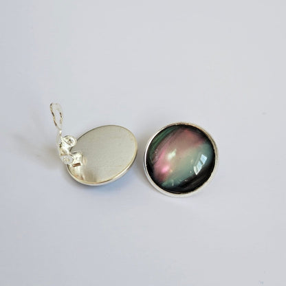 Black Aurora Clip-On Earrings | Handmade 16mm Cabochon | Non-Pierced Statement Earrings | Silver Tone