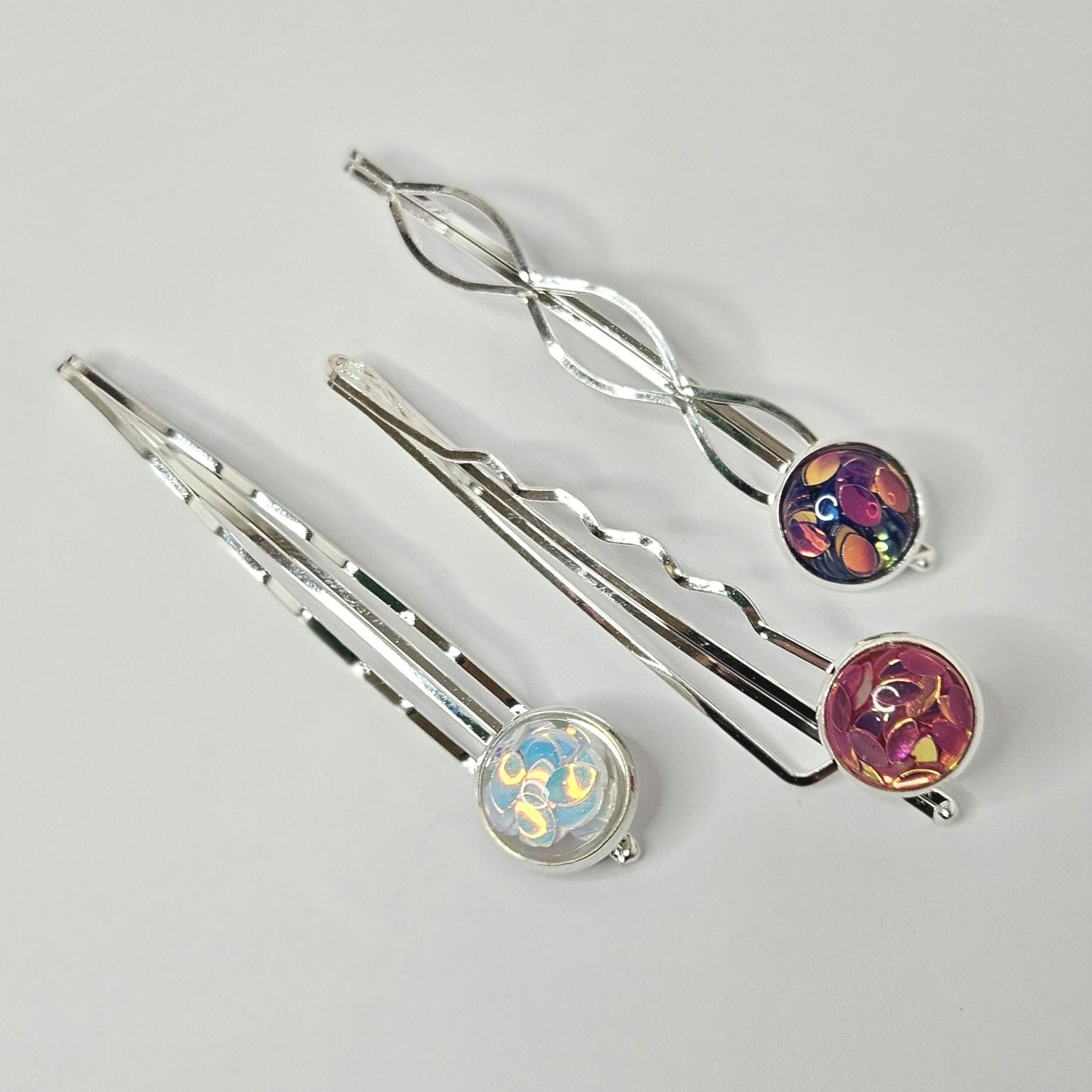 Iridescent Cabochon Bobby Pins: Silver Hair Slides for Thick Hair, set of 3