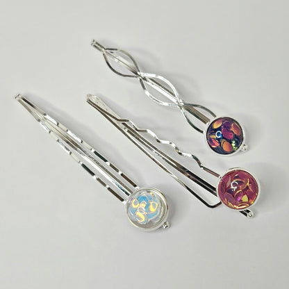 Iridescent Cabochon Bobby Pins: Silver Hair Slides for Thick Hair, set of 3