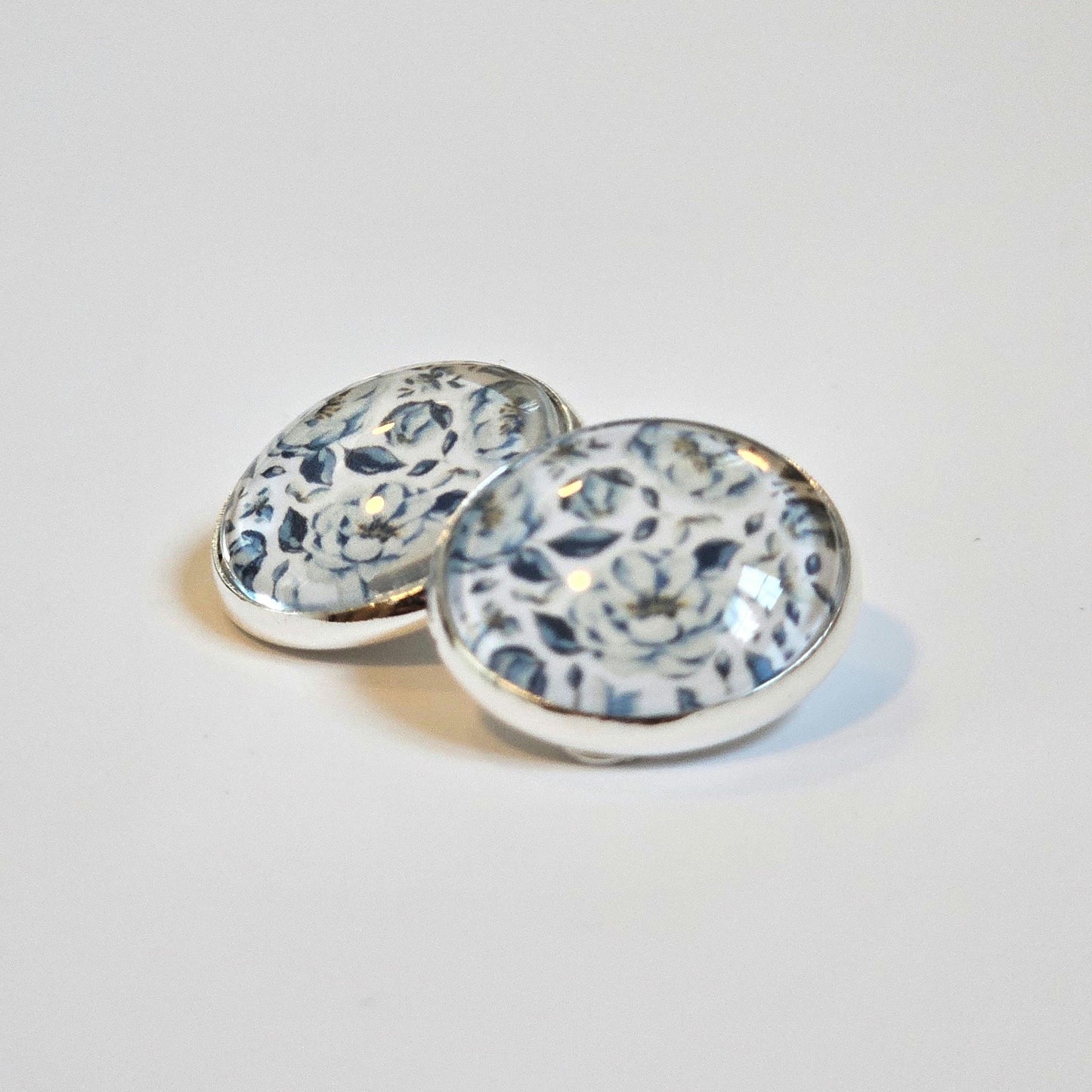Blue Floral Clip-On Earrings – 16mm Cabochon | Non-Pierced | Hypoallergenic