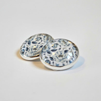 Blue Floral Clip-On Earrings – 16mm Cabochon | Non-Pierced | Hypoallergenic
