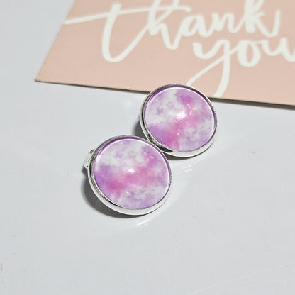 Purple & Pink Watercolour Clip-On Earrings | Silver Tone | No Piercing Needed