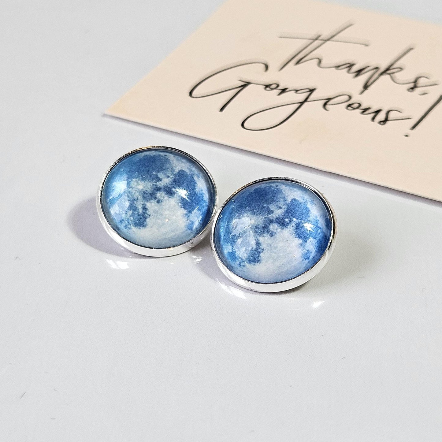 Realistic Full Moon Clip On Earrings, Silver Hinged Back Studs, Comfortable Firm Fit No Pierce Jewelry, Celestial Lunar Gift for Space Lover