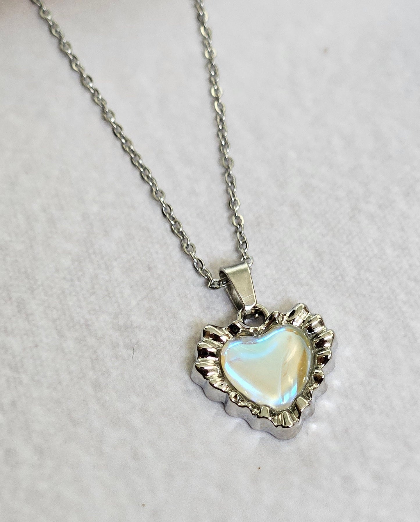 Y2K Silver Heart Necklace | Pink Crystal Pendant | Stainless Steel