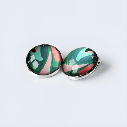 Pastel Patterned Clip On Earrings: Silver Tone Cabochon, Non-Pierced