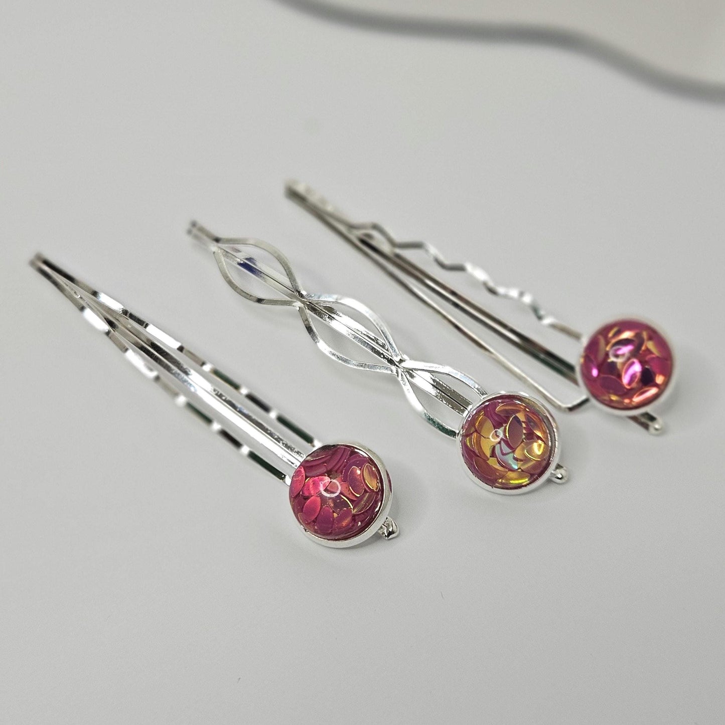 Iridescent Cabochon Bobby Pins: Silver Hair Slides for Thick Hair, set of 3