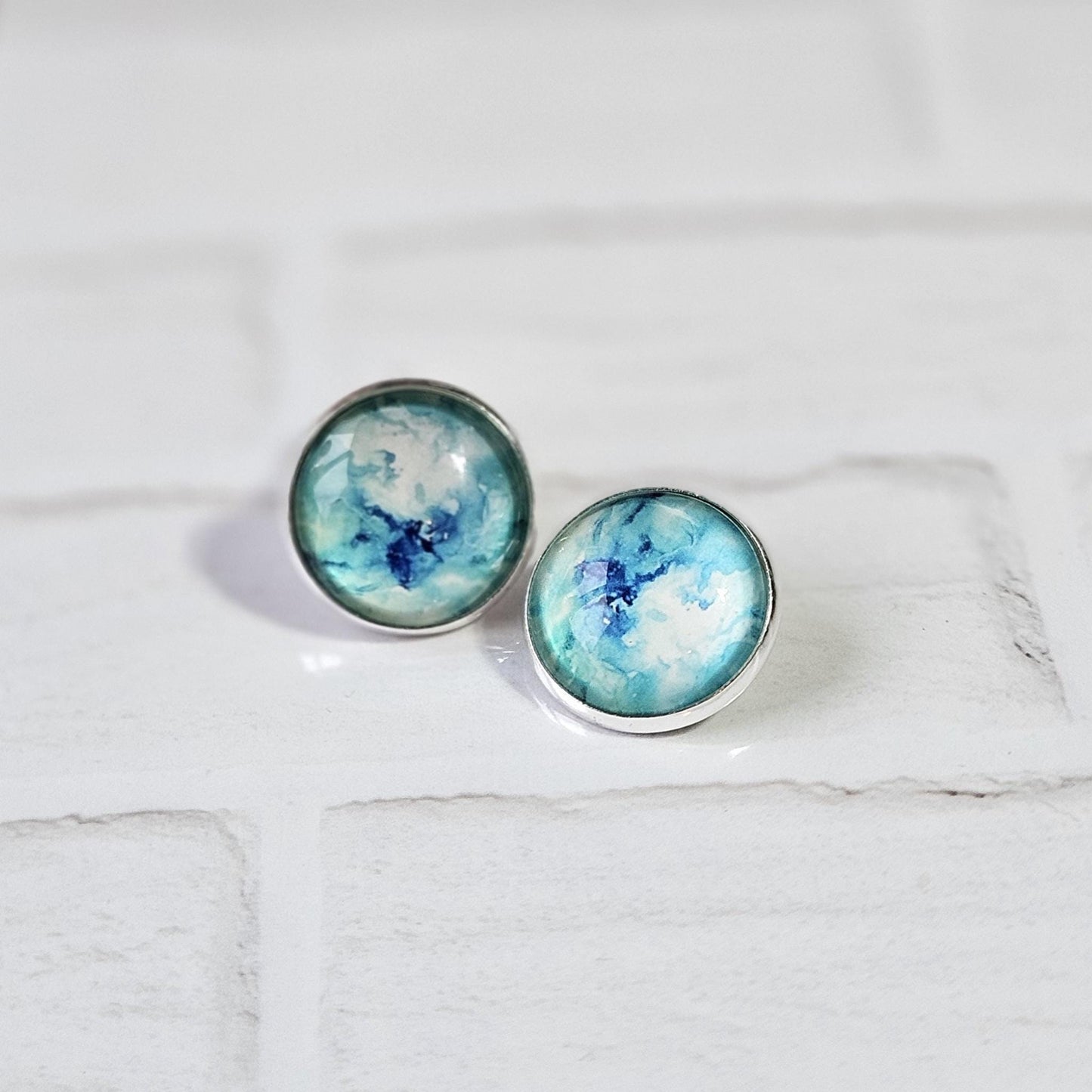 Blue Watercolour Clip-On Earrings – 16mm Cabochon | Non-Pierced | Hypoallergenic