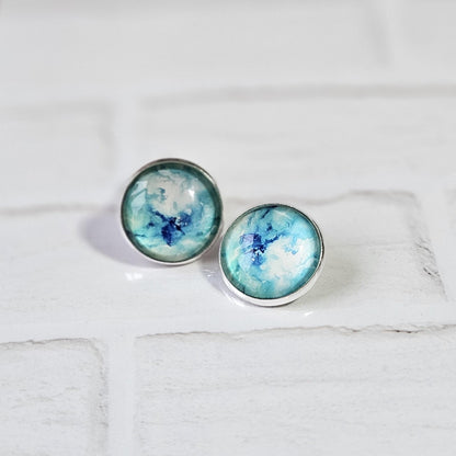 Blue Watercolour Clip-On Earrings – 16mm Cabochon | Non-Pierced | Hypoallergenic