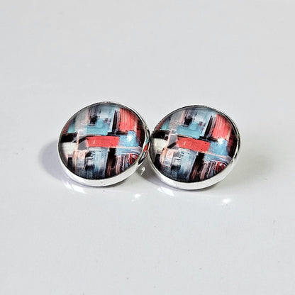 Red & Blue Abstract Paint Stroke Clip-On Earrings – 16mm Cabochon | Non-Pierced