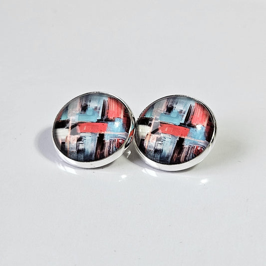 Red & Blue Abstract Paint Stroke Clip-On Earrings – 16mm Cabochon | Non-Pierced
