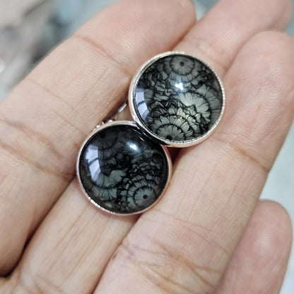 Black Flower Clip On Earrings, Silver Tone Cabochon, Non Pierced