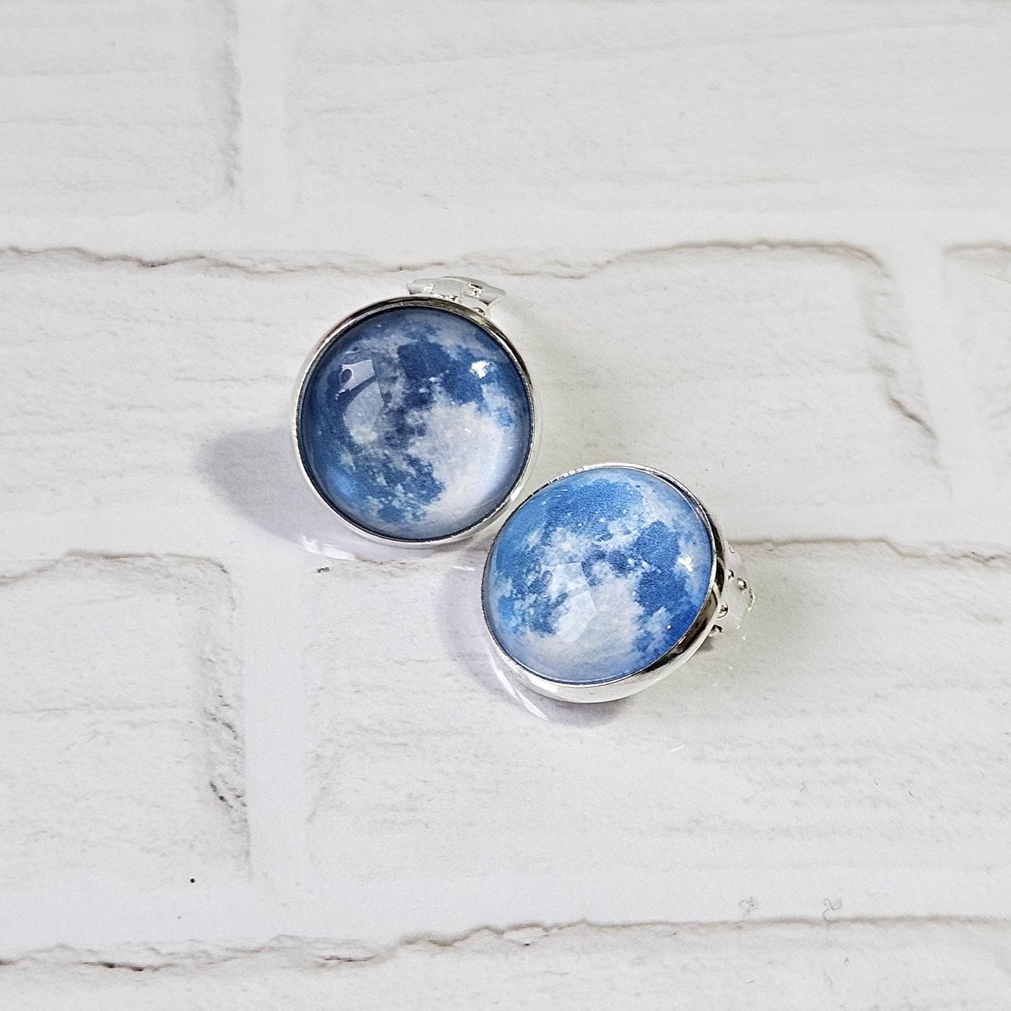 Realistic Full Moon Clip On Earrings, Silver Hinged Back Studs, Comfortable Firm Fit No Pierce Jewelry, Celestial Lunar Gift for Space Lover