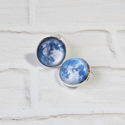 Realistic Full Moon Clip On Earrings, Silver Hinged Back Studs, Comfortable Firm Fit No Pierce Jewelry, Celestial Lunar Gift for Space Lover
