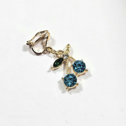 Gold Cherry Clip On Earrings, Sparkly Crystal Fruit Dangles, No Pierce Jewelry for Women, Cute Pink Blue Purple Cherry Drop Earrings