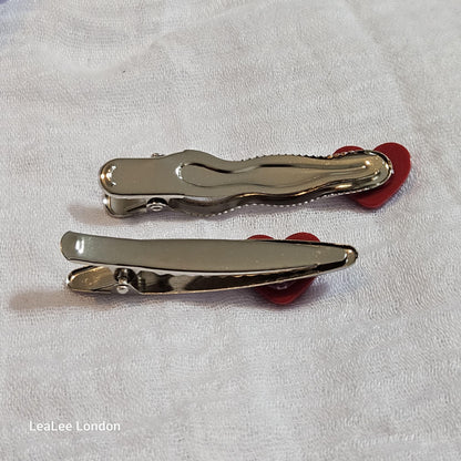 Red Polka Dot Heart Hair Clips: Silver Snap Clip Set