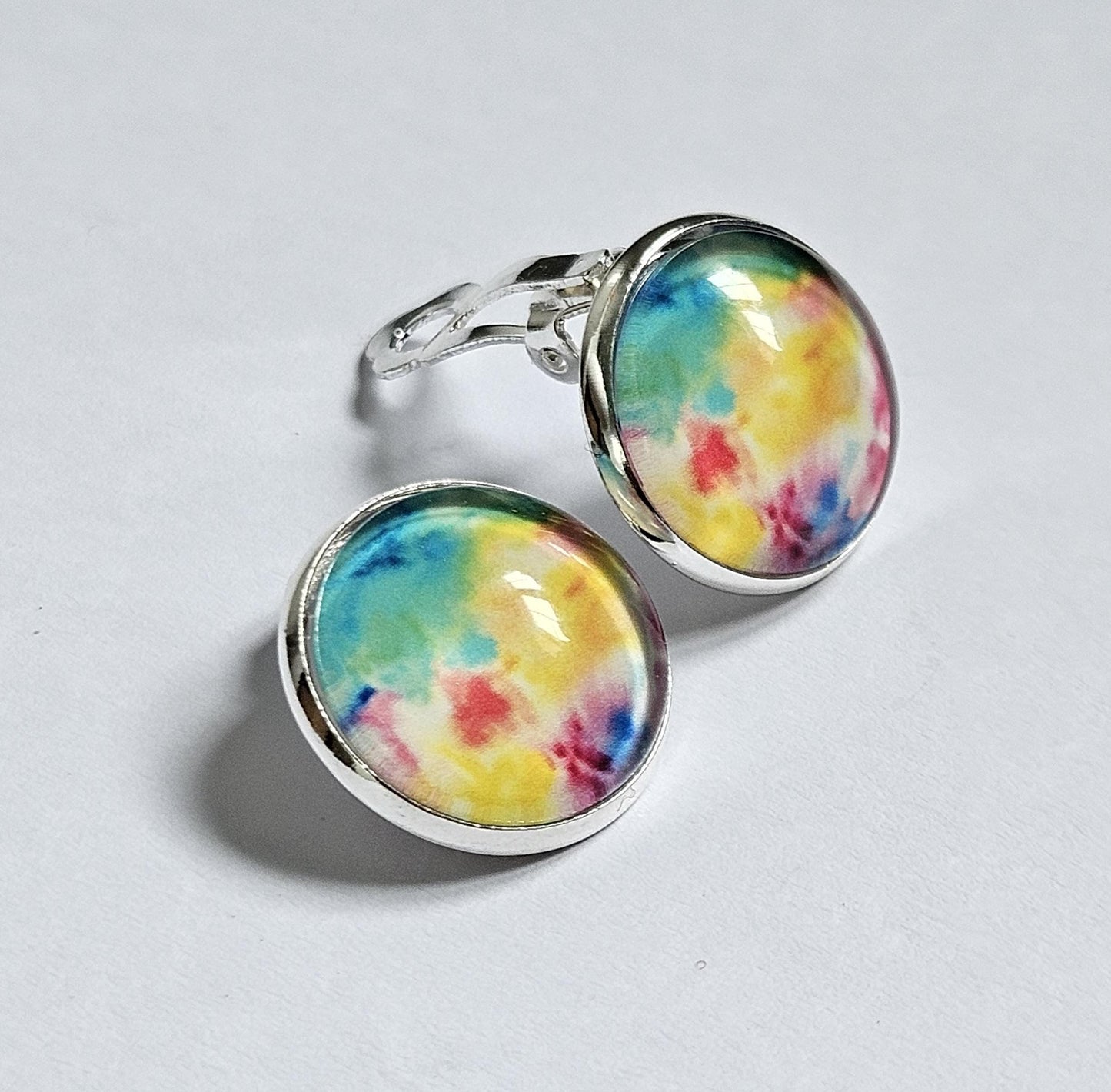 Colourful Clip On Earrings, Non Pierced Ears, Handmade Round Stud Clip-ons, Lightweight Statement Jewellery