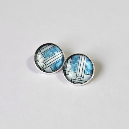 Blue Art Deco Clip-On Earrings | Handmade 16mm Cabochon | Non-Pierced Statement Earrings | Silver Tone