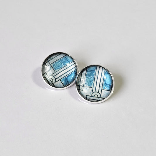 Blue Art Deco Clip-On Earrings | Handmade 16mm Cabochon | Non-Pierced Statement Earrings | Silver Tone