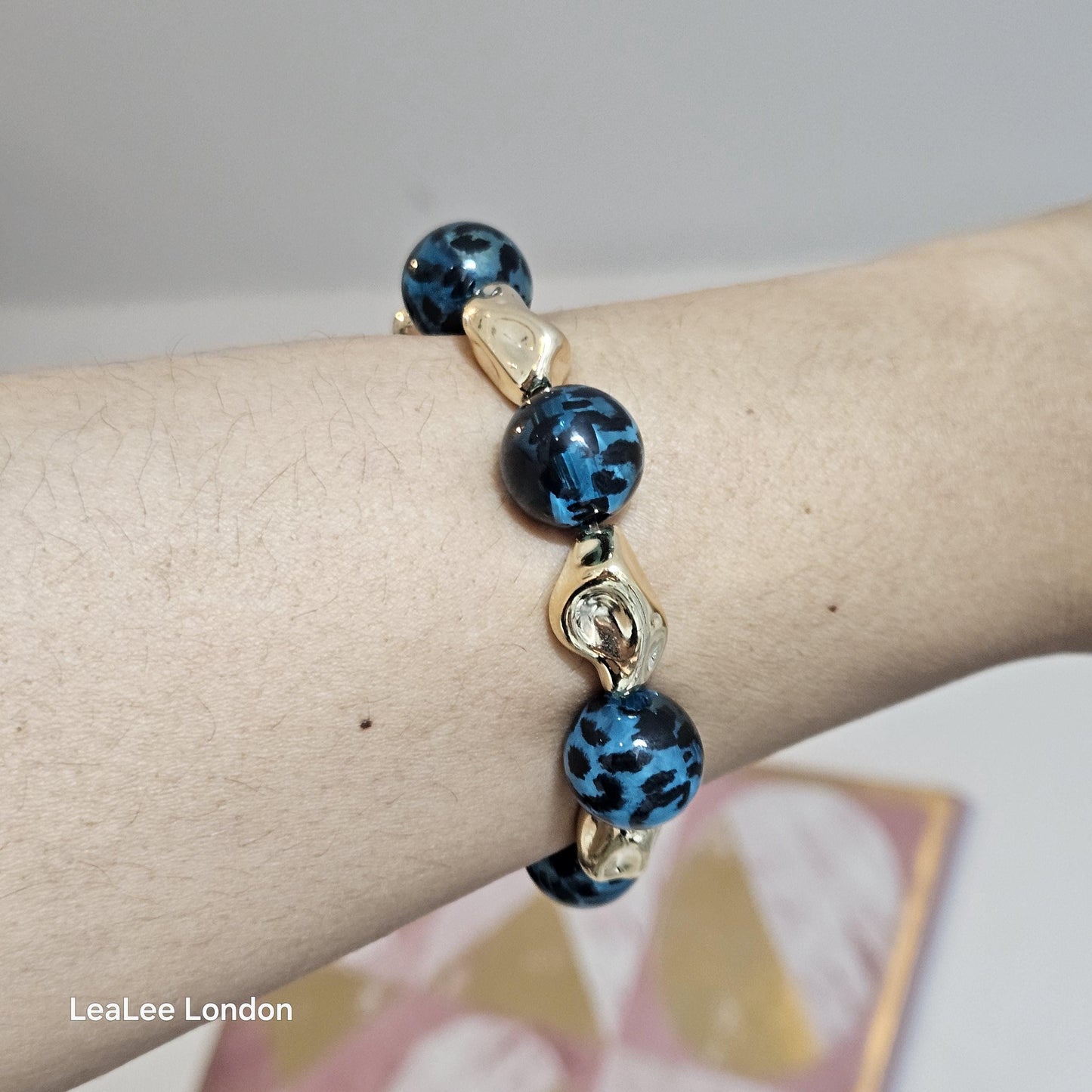 Handmade Cheetah Print Bracelet for Women – Chunky Elastic Beaded Bracelet with Gold Detail, UK Jewellery Gift