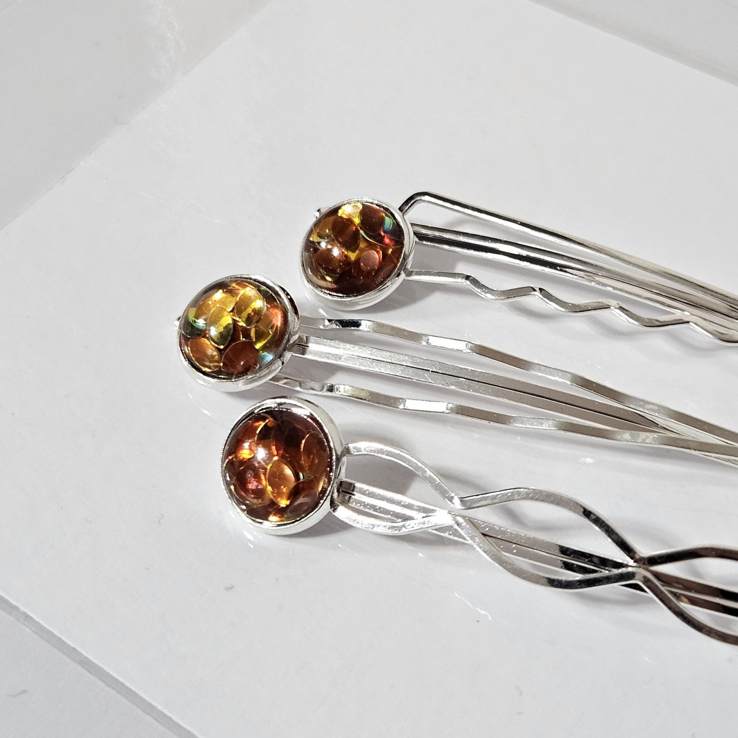 Silver Bobby Pin Set of 3, iridescent Cabochon Hair Pins, Minimal Hair Accessories