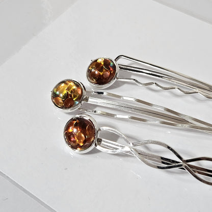 Silver Bobby Pin Set of 3, iridescent Cabochon Hair Pins, Minimal Hair Accessories