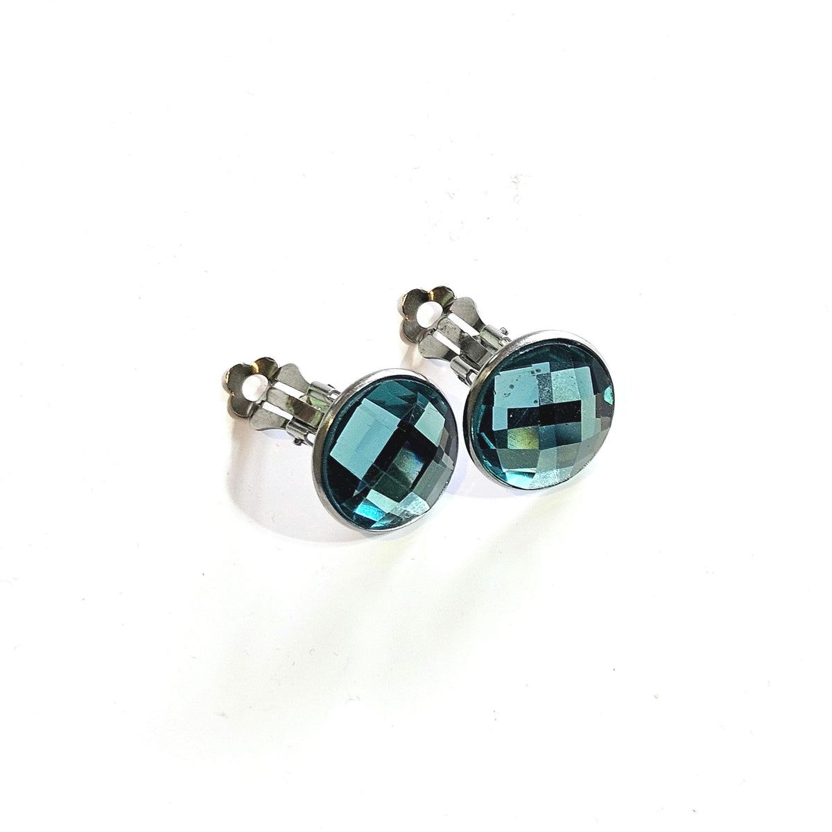 Sapphire Blue Glass Clip-On Earrings in Dark Silver Tone