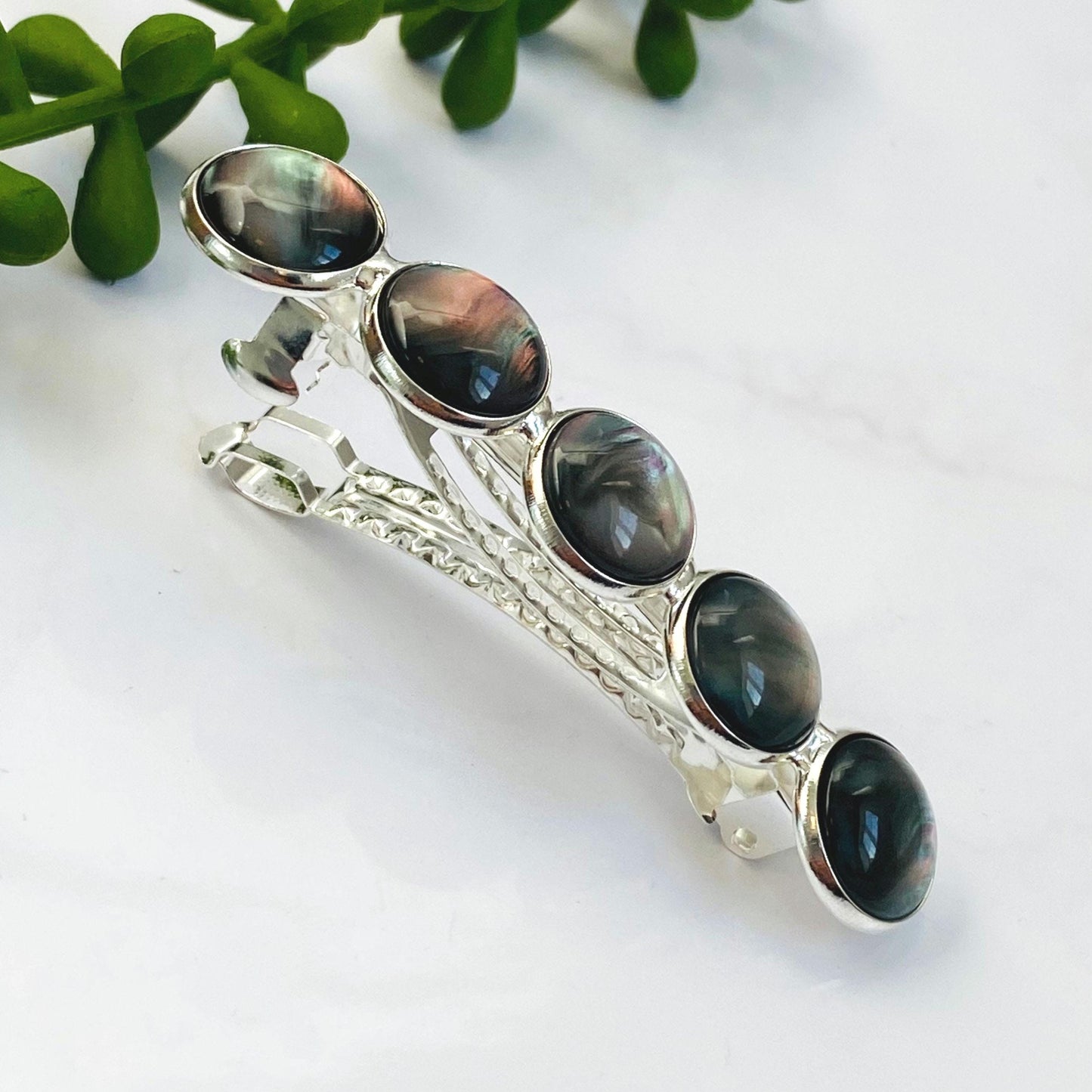 Black Marble Resin Hair Barrette: Silver French Clip
