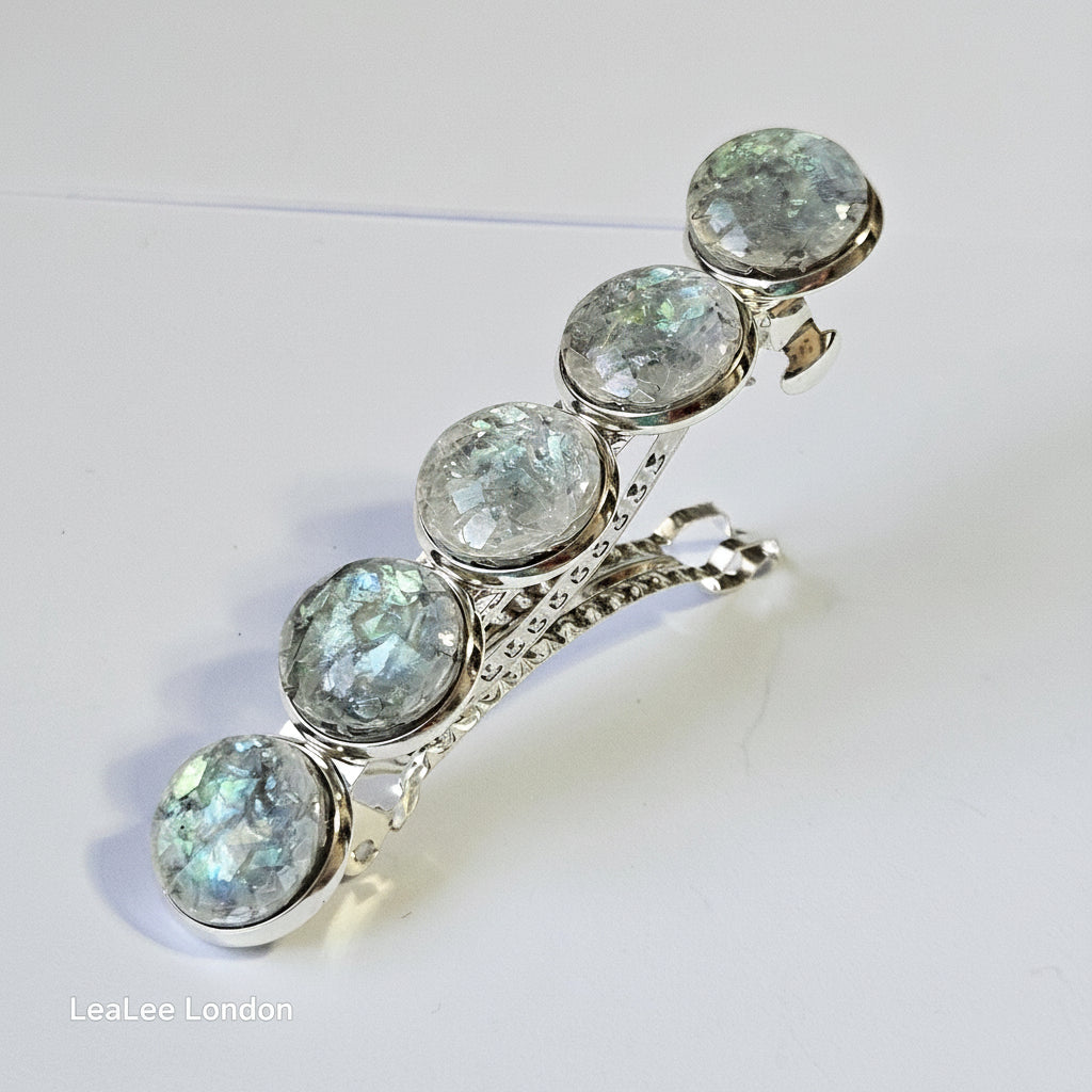 Iridescent Grey Marble Resin French Barrette: Silver Hair Clip
