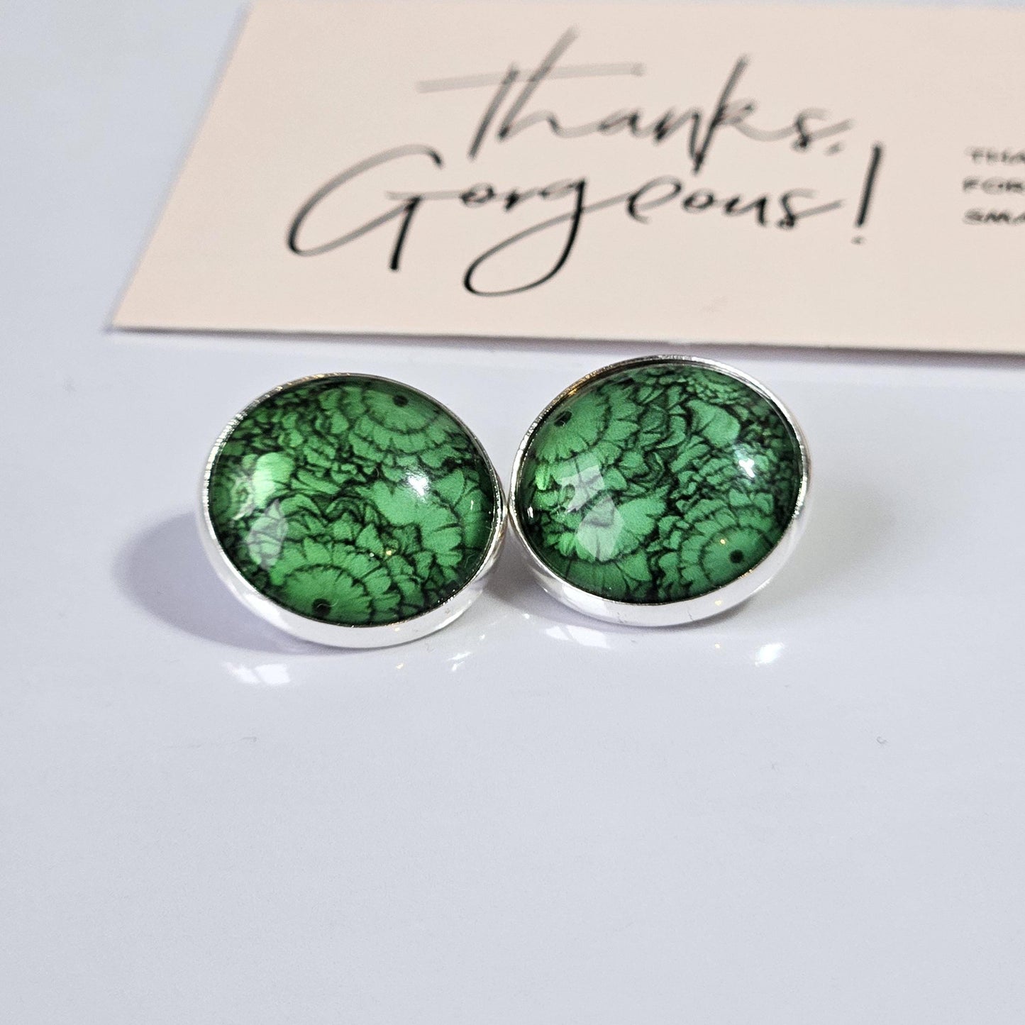 Green Flower Silver Clip On Earrings, Non Pierced Earrings, Handmade Cabochon Earrings, Statement Jewellery UK