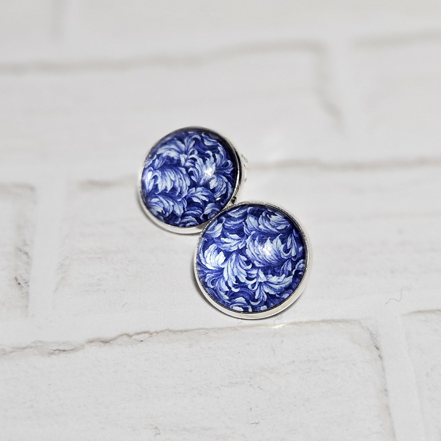Blue Floral Clip On Earrings, Silver Tone Cabochon, Non Pierced