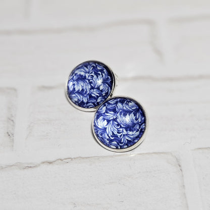 Blue Floral Clip On Earrings, Silver Tone Cabochon, Non Pierced