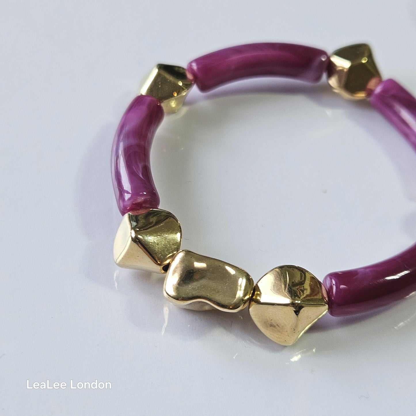Elastic beaded bangle Bracelet, 2 set Gold detail Bracelet for women, Purple pink and gold bracelet set