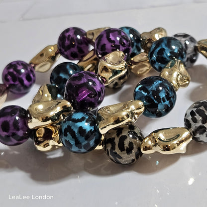 Handmade Cheetah Print Bracelet for Women – Chunky Elastic Beaded Bracelet with Gold Detail, UK Jewellery Gift