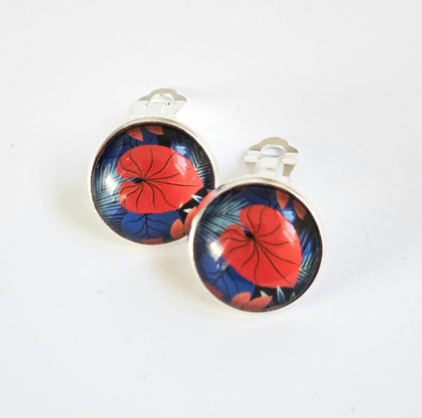 Red & Blue Floral Clip-On Earrings – 16mm Cabochon | Non-Pierced | Hypoallergenic