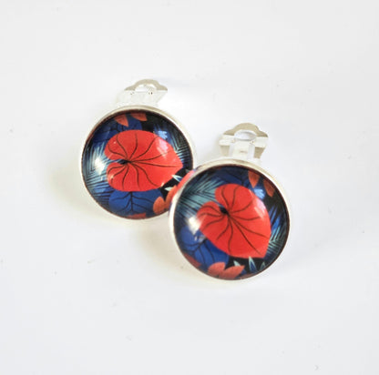 Red & Blue Floral Clip-On Earrings – 16mm Cabochon | Non-Pierced | Hypoallergenic