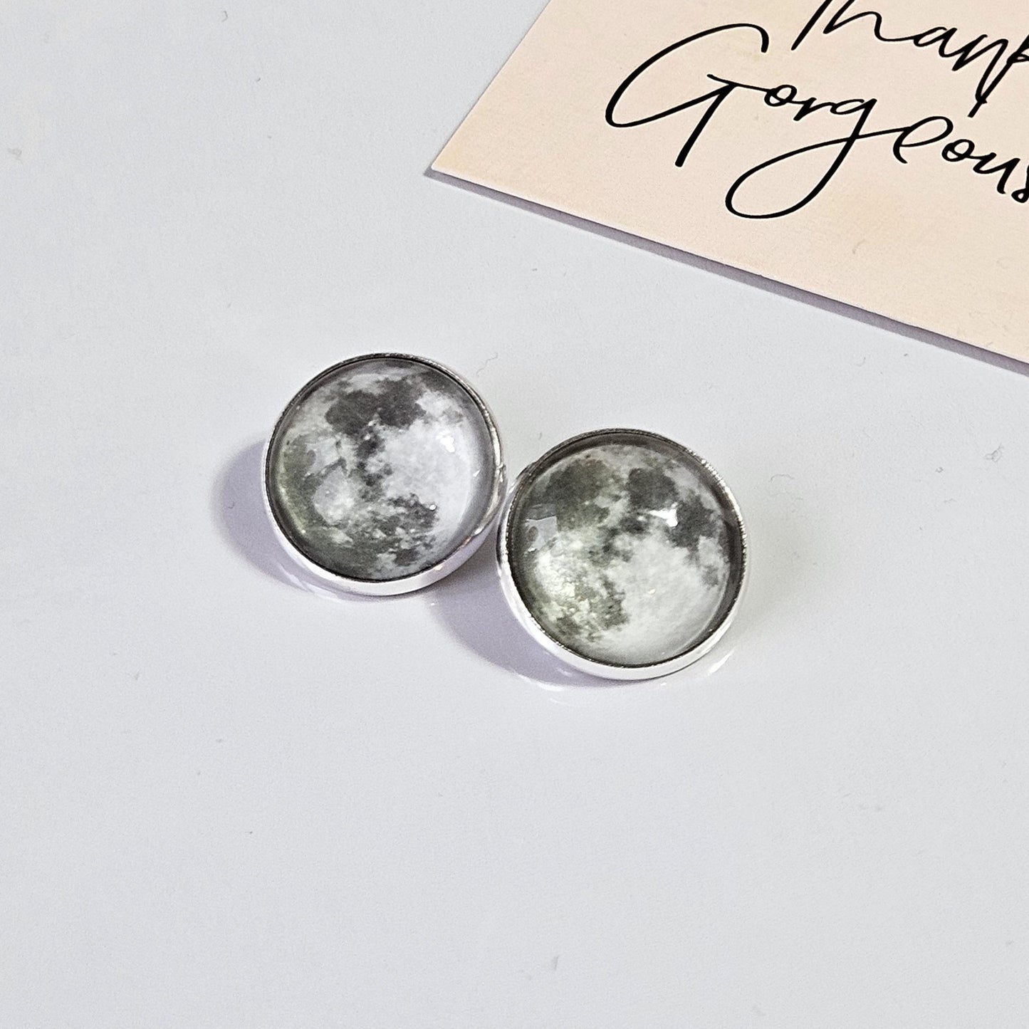 Realistic Full Moon Clip On Earrings, Silver Hinged Back Studs, Comfortable Firm Fit No Pierce Jewelry, Celestial Lunar Gift for Space Lover