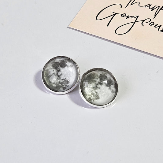 Realistic Full Moon Clip On Earrings, Silver Hinged Back Studs, Comfortable Firm Fit No Pierce Jewelry, Celestial Lunar Gift for Space Lover