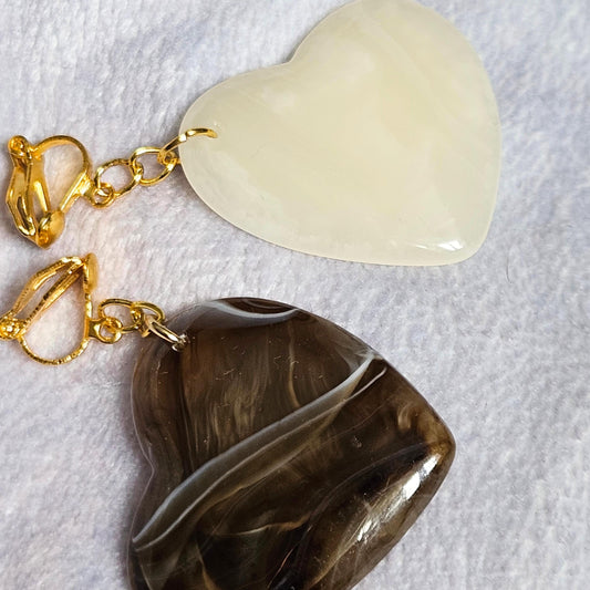 Acrylic Marble Heart Clip-On Earrings – Gold Tone | Non-Pierced